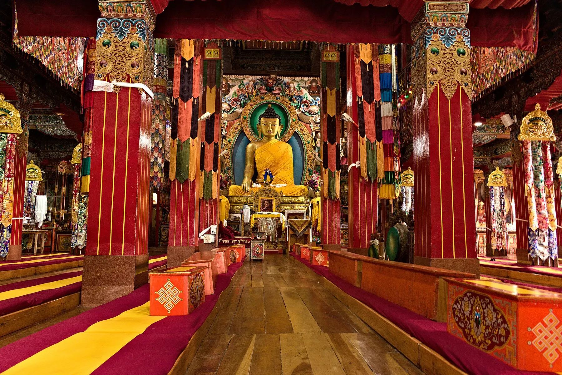 Main prayer hall of Tawang Monastery with the golden Buddha